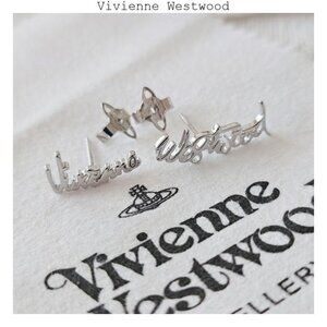 Vivienne Westwood name cursive word letters silver stud earrings